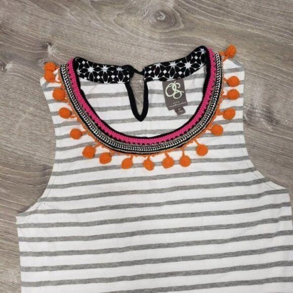 One September Anthropologie Striped Sleeveless Top With Pom Pom Trim embellished - Picture 3 of 8